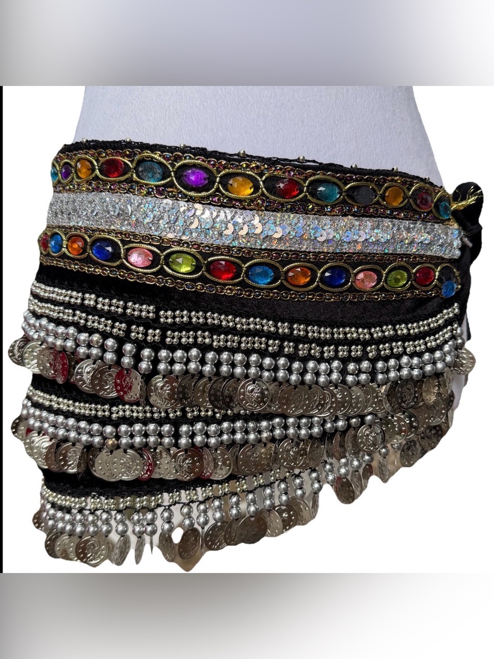 Women O/S Belly Dance Skirt Wrap Silver Coins Dance Costume Hip Hop Black Velvet